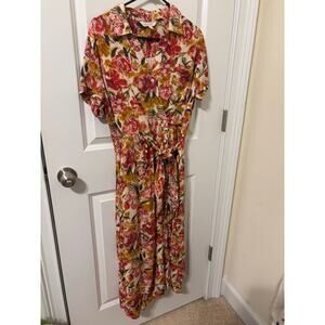 Garnet Hill Anya floral tie front crepe dress EUC sz 12 mustard red warm  colors